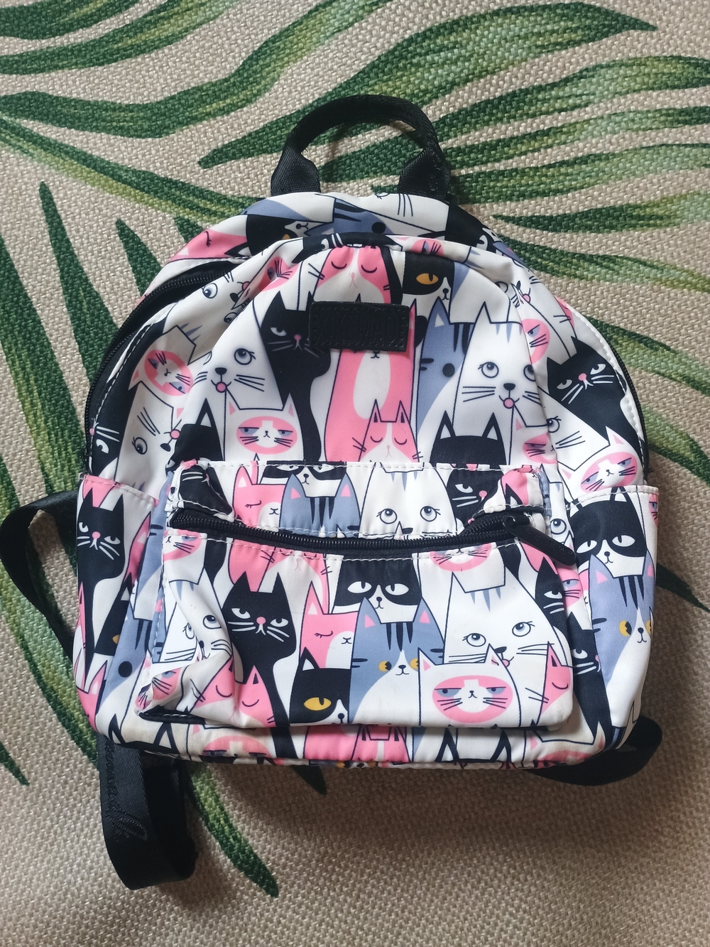 Cute Cat Pattern Mini Backpack in Pink, Black & White